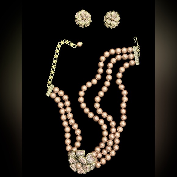 Heidi Daus Pink Crystal Pk OpalBrown Pearls Flower Necklace/Earrings Set w Box